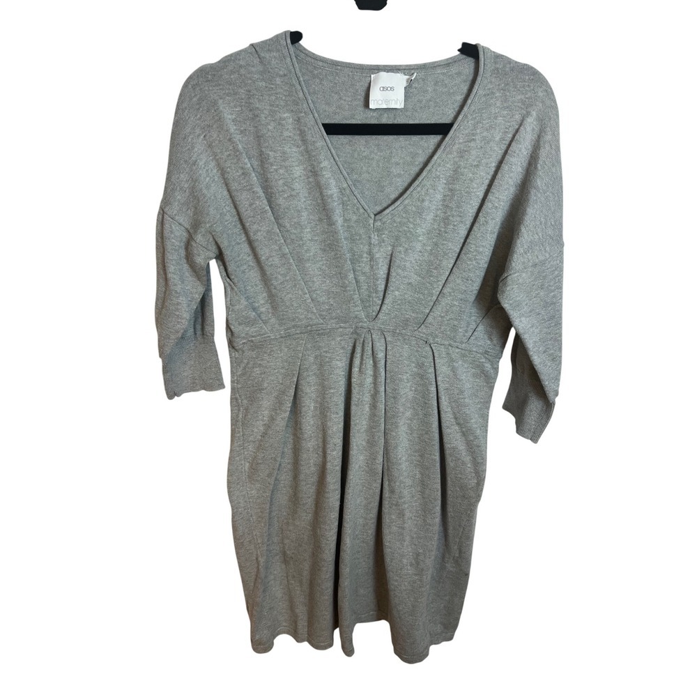 ASOS Maternity Heather Gray Cotton Knit V-Neck Empire Waist Sweater Dress US 10